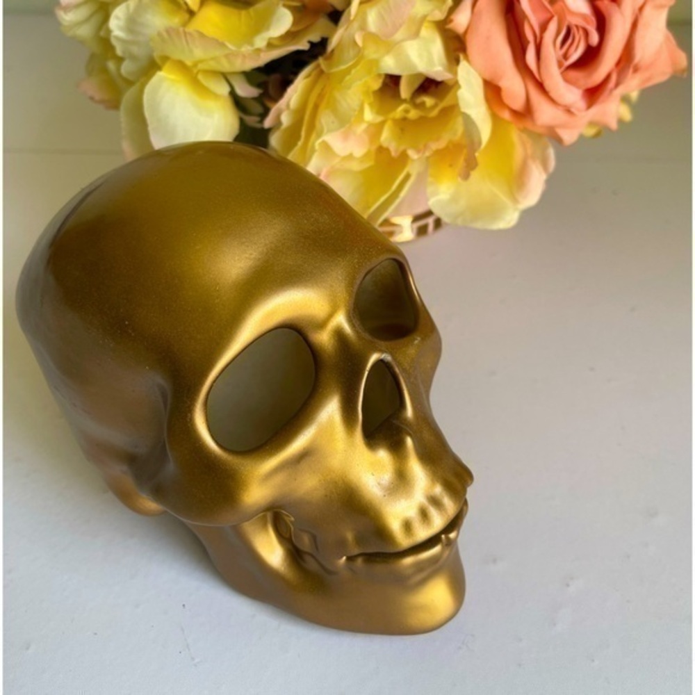 Hand painted gold skull paper weight for home office desk coffee table